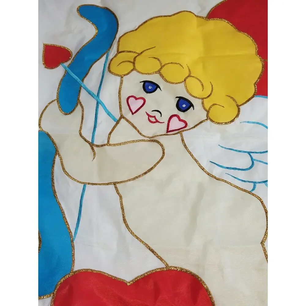 Vtg 90's Valentine Garden Flag Banner Decor Angel Blue Eyes Retro Y2K